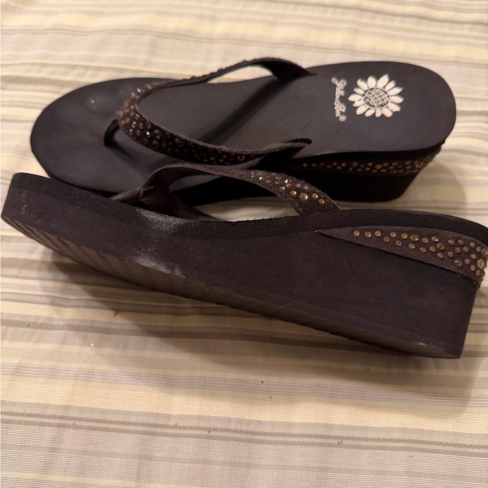 Yellow Box Brown Wedge Sandal Flip Flops with Gold Studs